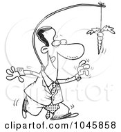 Cartoon Black And White Outline Design Of A Black Businessman Chasing After A Carrot On A Stick