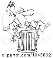 Poster, Art Print Of Cartoon Black And White Outline Design Of A Canned Businessman Stuck In A Garbage Can