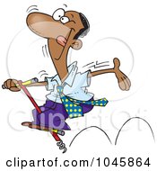 Cartoon Carefree Black Businessman Jumping On A Pogo Stick