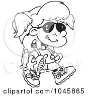Poster, Art Print Of Cartoon Black And White Outline Design Of A Camper Girl Carrying Her Gear