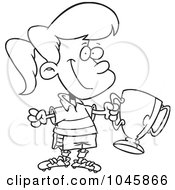 Royalty Free RF Clip Art Illustration Of A Cartoon Black And White Outline Design Of A Soccer Girl Holding A Trophy by toonaday