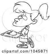 Royalty Free RF Clip Art Illustration Of A Cartoon Black And White Outline Design Of A Girl Carrying Cafeteria Food