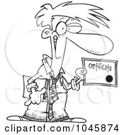 Royalty Free RF Clip Art Illustration Of A Cartoon Black And White Outline Design Of A Businessman Holding A Certificate by toonaday