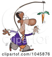 Cartoon Black Businessman Chasing After A Carrot On A Stick