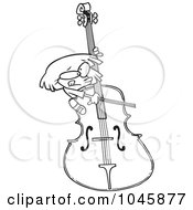 Royalty Free RF Clip Art Illustration Of A Cartoon Black And White Outline Design Of A Girl Playing A Giant Bass