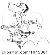 Cartoon Black And White Outline Design Of A Carefree Black Businessman Jumping On A Pogo Stick