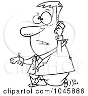 Poster, Art Print Of Cartoon Black And White Outline Design Of A Walking Businessman Talking On A Cell Phone