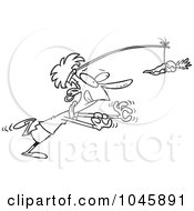 Cartoon Black And White Outline Design Of A Businesswoman Chasing After A Carrot