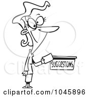 Royalty Free RF Clip Art Illustration Of A Cartoon Black And White Outline Design Of A Businesswoman Putting A Comment In A Suggestion Box