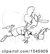Poster, Art Print Of Cartoon Black And White Outline Design Of A Stumbling Businesswoman Spilling Coffee