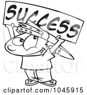 Royalty Free RF Clip Art Illustration Of A Cartoon Black And White Outline Design Of A Boy Holding A Success Banner