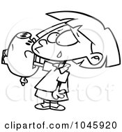 Royalty Free RF Clip Art Illustration Of A Cartoon Black And White Outline Design Of A Girl With Her Hand Stuck In A Piggy Bank