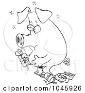Poster, Art Print Of Cartoon Black And White Outline Design Of A Stuffed Pig Eating Junk Food