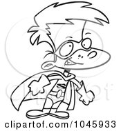 Royalty Free RF Clip Art Illustration Of A Cartoon Black And White Outline Design Of A Super Boy In A Cape