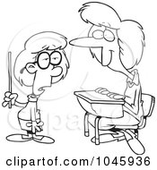 Royalty Free RF Clip Art Illustration Of A Cartoon Black And White Outline Design Of A Smart School Girl Giving Her Teacher A Lesson
