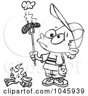 Cartoon Black And White Outline Design Of A Boy Holding A Burnt Weenie Over A Fire