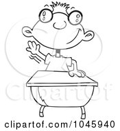 Poster, Art Print Of Cartoon Black And White Outline Design Of A Geeky School Boy Raising His Hand
