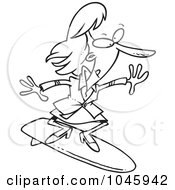 Poster, Art Print Of Cartoon Black And White Outline Design Of A Businesswoman Surfing