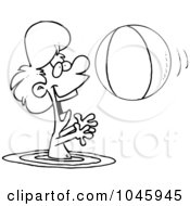Poster, Art Print Of Cartoon Black And White Outline Design Of A Boy Playing With A Beach Ball In The Water