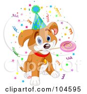 Birthday Beagle Puppy With A Lolipop In His Mouth Wearing A Party Hat Surrounded By Confetti