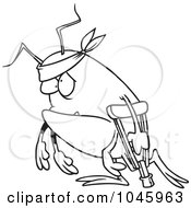 Royalty Free RF Clip Art Illustration Of A Cartoon Black And White Outline Design Of A Survivor Bug Using A Crutch by toonaday