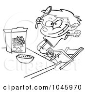 Royalty Free RF Clip Art Illustration Of A Cartoon Black And White Outline Design Of A Boy Eating Sugary Cereal