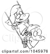 Poster, Art Print Of Cartoon Black And White Outline Design Of A Girl And Boy Swinging