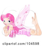 Poster, Art Print Of Pretty Fairy Girl With Long Pink Hair Laying On Her Tummy And Resting Her Head In Her Hand