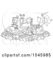 Poster, Art Print Of Cartoon Black And White Outline Design Of A Businessman Shoveling Through His Office Clutter