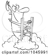 Royalty Free RF Clip Art Illustration Of A Cartoon Black And White Outline Design Of A Successful Businessman Climbing Above The Clouds by toonaday