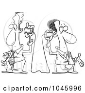 Poster, Art Print Of Cartoon Black And White Outline Design Of Businessmen Communicating On Can Phones