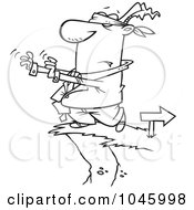 Poster, Art Print Of Cartoon Black And White Outline Design Of A Blindfolded Businessman Walking Towards A Cliff