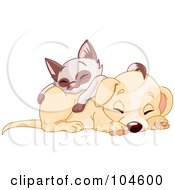 Royalty Free RF Clipart Illustration Of A Siamese Kitten Napping On Top Of A Cute Puppy Dog