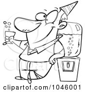 Poster, Art Print Of Cartoon Black And White Outline Design Of A Businessman Cheering By The Cooler