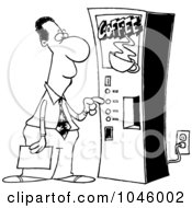 Royalty Free RF Clip Art Illustration Of A Cartoon Black And White Outline Design Of A Black Businessman Using A Coffee Machine