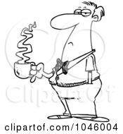 Cartoon Black And White Outline Design Of A Bored Businessman With Coffee