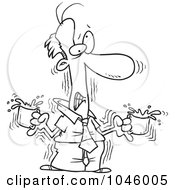 Cartoon Black And White Outline Design Of A Jittery Businessman With Two Cups Of Coffee