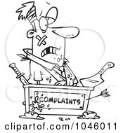 Cartoon Black And White Outline Design Of A Beat Up Businessman At A Complaints Desk