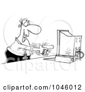 Royalty Free RF Clip Art Illustration Of A Cartoon Black And White Outline Design Of A Businessman Shooting A Computer