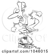 Royalty Free RF Clip Art Illustration Of A Cartoon Black And White Outline Design Of A Businessman Jumping On A Computer