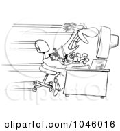 Royalty Free RF Clip Art Illustration Of A Cartoon Black And White Outline Design Of A Man Speeding By On A Computer