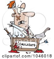 Poster, Art Print Of Cartoon Beat Up Businessman At A Complaints Desk