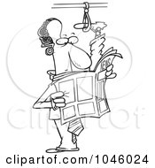 Royalty Free RF Clip Art Illustration Of A Cartoon Black And White Outline Design Of A Commuting Black Businessman With His Foot Up In A Handle