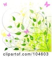 Royalty Free RF Clipart Illustration Of A Summer Grunge Background Of Pink Butterflies With Green Vines Over Yellow Splatters On White