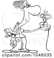Royalty Free RF Clip Art Illustration Of A Cartoon Black And White Outline Design Of A Businessman Cooling Off In Front Of A Fan