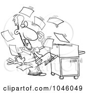 Poster, Art Print Of Cartoon Black And White Outline Design Of A Businessman By A Crazy Copier