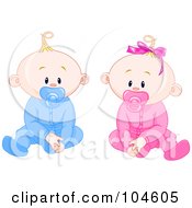Boy And Girl Baby Twins With Pacifiers Sitting Up And Facing Front