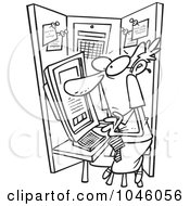 Cartoon Black And White Outline Design Of A Businessman Crammed In A Cubicle