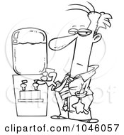Cartoon Black And White Outline Design Of A Businessman By A Water Cooler