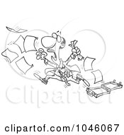Royalty Free RF Clip Art Illustration Of A Cartoon Black And White Outline Design Of A Black Businessman Chasing After Paperwork